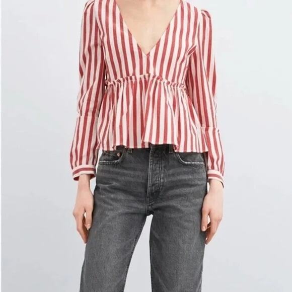 Zara striped Long Sleeve Peplum Fitted Bodice Lightweight Blouse S Red White - Picture 1 of 15